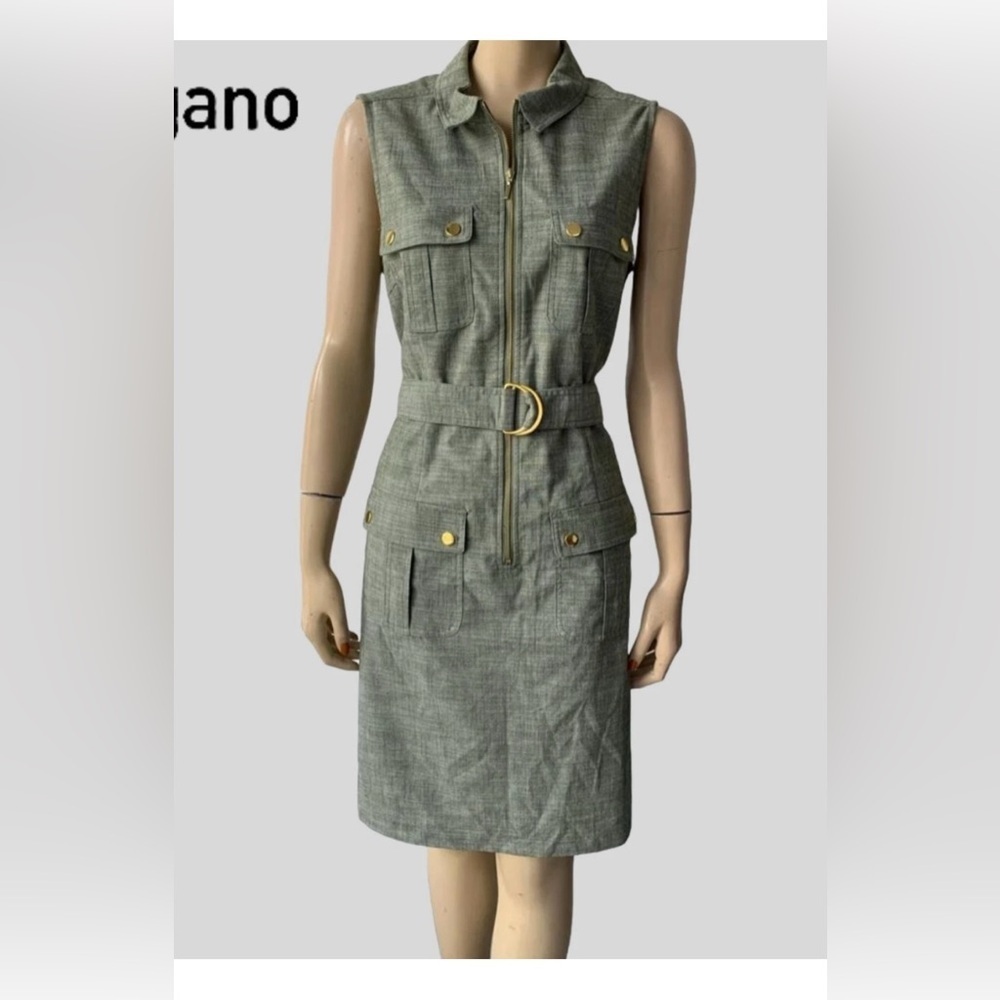 SHARAGANO Belted Sleeveless Full-Zip Boho Shirt Dress